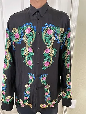 Versace Black Printed Silk Button Front Long Sleeve Size 44 • $450