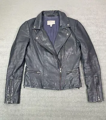 Muubaa Leather Jacket Women 6 Navy Blue Biker Grunge Rock Coat Fade Lambskin • $123.49