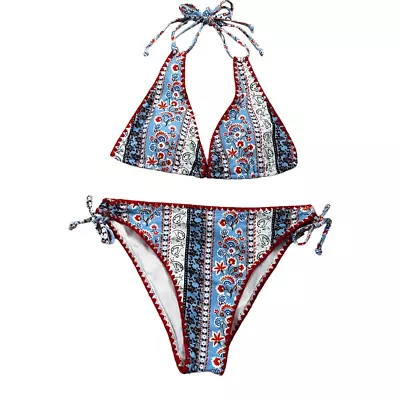 Zaful ~ Two Piece Bikini Set ~ Blue Bandana Print With Red Detailing ~ Size Lg • $28