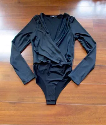 FIND. Made In Portugal ~ New! Small ~ Black Surplice Wrap Stretch Bobysuit A80 • $19.99