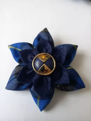 Bluegrey & Yellow Tartan Brooch. Dark Blue Felt Inner Flower. Gold/ Blue Centre • £6.99