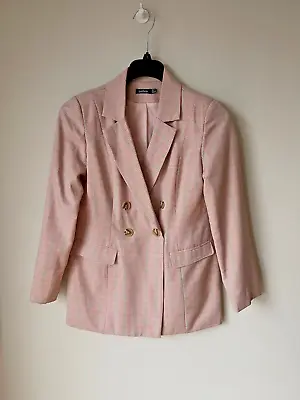 BLAZER Jacket Pink Plaid Check Single Breasted Longline BOOHOO UK 10 • £9.95