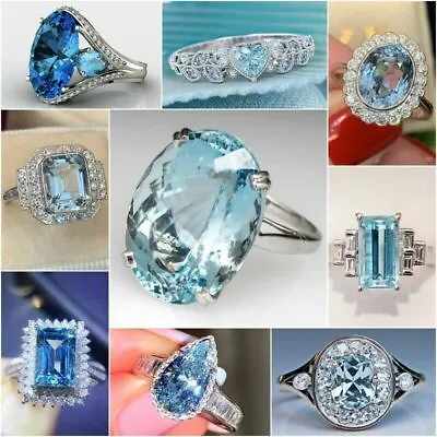 Luxury 925 Silver Rings Women Jewelry Aquamarine Gemstone Wedding Ring Size 6-10 • $4.94