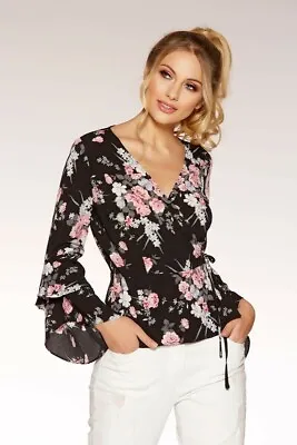 Quiz Clothing - Black & Pink Floral Ruffle Sleeve Wrap Top UK 10 Brand New • £22