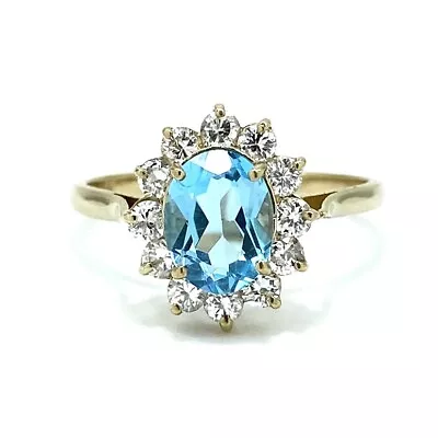 9ct 375 Yellow Gold Halo Ring W/ Created Topaz & Cubic Zirconia - Size O • $175