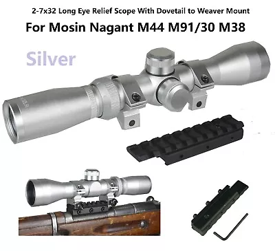 Silver Mosin Nagant 2-7x32 Long Eye Relief Scope W Mount For M44 M91/30 And M38 • $64.99