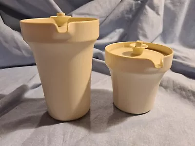 2 Vintage Tupperware Milk Cream Jugs 1210 1209 With Vacuum Lid Yellow Picnic • £14.99