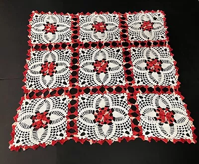 Vintage - Large Red & White - Hand Crocheted Doily - 19  Square • $12