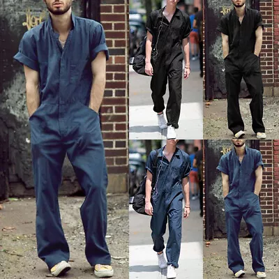 Mens Casual Short Sleeve Work Jumpsuit Pants One Piece Rompers Overalls Trousers • $29.56