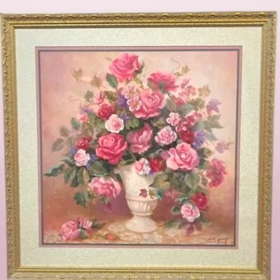 Vtg Homco Home Interiors  Burgundy Pink Roses Floral Picture Ornate Frame • $125