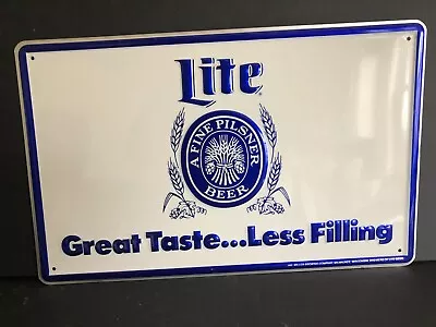 MILLER LITE 1980 10 X 16 BLUE & WHITE TIN BEER SIGN  Great Taste...Less Filling  • $27.99