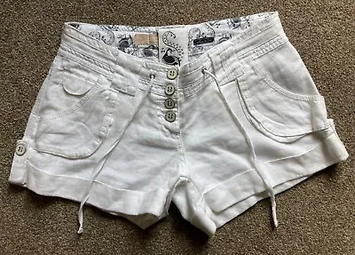 River Island Womens White Linen Shorts With Pockets Button And Turn Up - Size 6 • £12