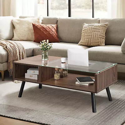 2 Tier Glass Coffee Table With Storage Shelf Modern Center Table For Living Room • $67.99