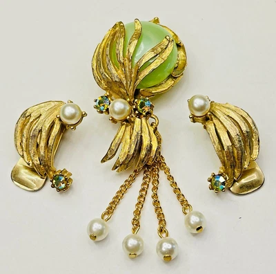 $29.50 • Buy Vtg Thermoset Green Cabochon Gold Pearl Ab Rhinestone Brooch Earring Set Lot