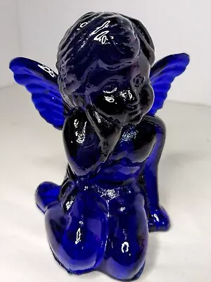 Vintage Cobalt Blue Glass Large 5” Sitting Angel Cherub Taper Candle Holder • $14