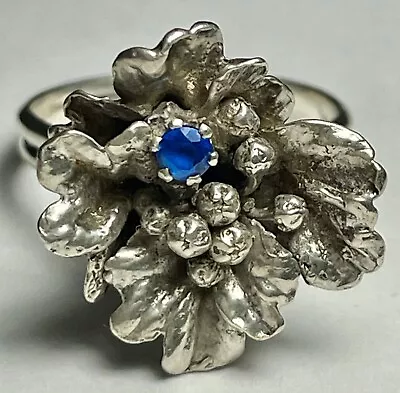 Vintage Artist Sterling Silver Blue Stone Large  Abstract Flower Ring Size 8 3/4 • $68