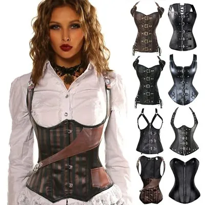 Women Steampunk Corset Top Sexy Bustier Gothic Overbust Leather Bustier Shaper • $10.99