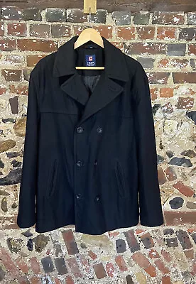 CHAPS Pea Coat Size Large Wool Black   Pockets Designer 1978 Ralph Lauren • $62.22