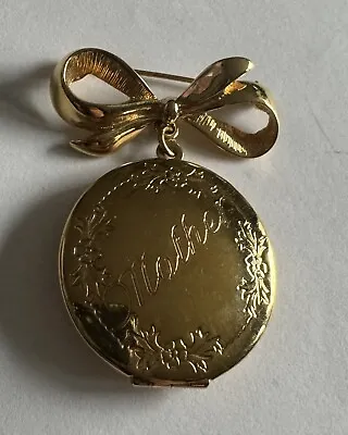 Vintage MONET Gold Bow Dangle Double Photo LOCKET Brooch Pin Mother Engraved • $24.99