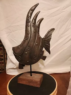 20 X 10 X 4 Unique Brown Metal Fish On Stand Ocean Beach Home Decor • $50