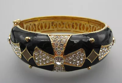 Crystal Rhinestone Maltese Cross Black Enamel Hinged Bangle Bracelet Gold Tone • $45