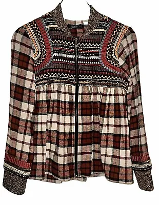 Zara Woman Embroidered Embellished Zip Front Plaid Top In Size Extra Small • $25