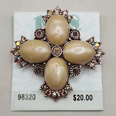 Vtg 1928 Maltese Cross Cabochon Brooch Ivory Acrylic Rose Goldtone AB Rhinestone • $21.99