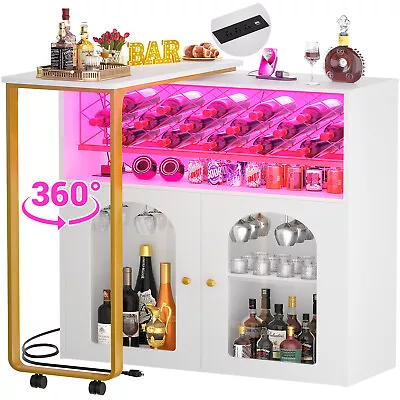 360° Rotating Bar Cabinet Wine Bar Table With Wine Rack For Liquor & Glasses • $159.99