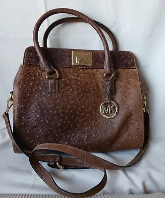 Michael Kors Mocca Brown Astrid Ostrich Embossed Leather Satchel Cross-body GUC • $45