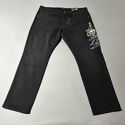 Ed Hardy Jeans Mens 40 Slim Fit Black Embroidered Skull Snake Panther 40x32 New • $59.90