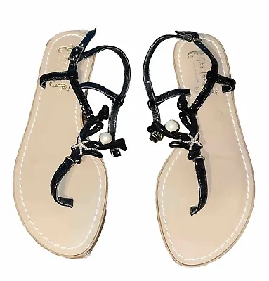 Miss Trish Womens Sandals Size 6.5 T-Strap Thong Shoe Black Crystal Starfish • $14.95