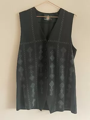 Folk Boho Vintage Ego Black Long Waistcoat 14 Tie Back Button Up Pattern • £20