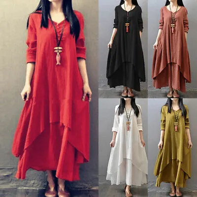 $17.26 • Buy PLUS SIZE Women Dress V Neck Long Sleeve Boho Cotton Linen Sundress Solid Maxi