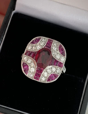 £1950 • Buy 18ct Gold Ruby & Diamond Art Deco Design Cluster Ring, 18k 750