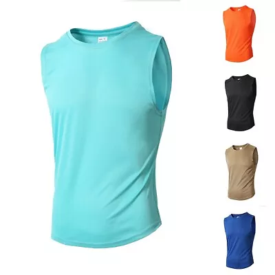 Male Muscle Singlets Gym Bodybuilding Sleeveless Tank Tops Mesh Vest Blue • £17.72