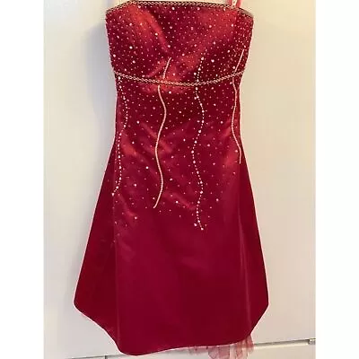 Morgan & Co. Maroon Strapless Dress With Beaded Detailing And Lace Up Back • $82