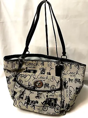 COACH Horse & Carriage Canvas Leather Trim LEAH Shoulder Bag Carryall Tote Gry • $44.50