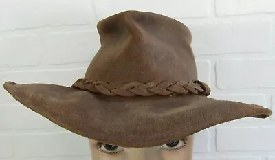 Minnetonka Genuine Leather Cowboy Outback Hat Brown Braided Band Size Small USA • $45