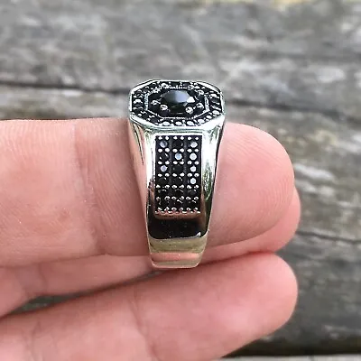 Sterling Silver Mens Pave Signet Ring Black Diamond Artisan Designer Jewelry • $99