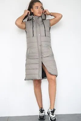 £23.99 • Buy Ladies Girls Long Hooded Padded Sleeveless Gilet Bodywarmer Jacket Black Zipper