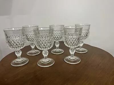 Set Of 6 Vintage Indiana Glass Diamond Point Clear 12oz Water Wine Goblets 5.25  • $37.99