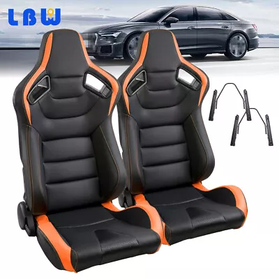 2x Reclinable Racing Seats Black PU Leather + Orange Stitching Seats W/2 Sliders • $399.08