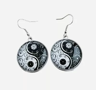 Earrings Yin  And Yang 925 Sterling Silver Hooks Boho Yoga New Age Enamel Style • £7.95