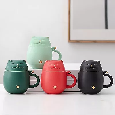 Embersceramic Lucky Cat Ceramic Tea Cup With Infuser Cute Cat Tea Mug With Lid • $25.99