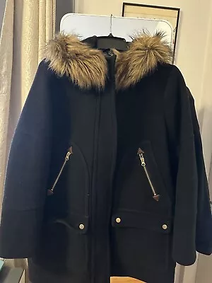 J. Crew Womens Black Stadium Parka Wool Fur Hood Lined Coat Size 10P • $30