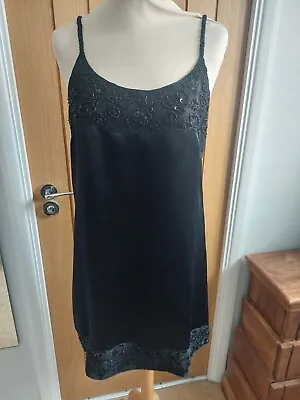 Miss Selfridge Black Satin Look Beaded Sequin Detail Dress [14] • £8.99