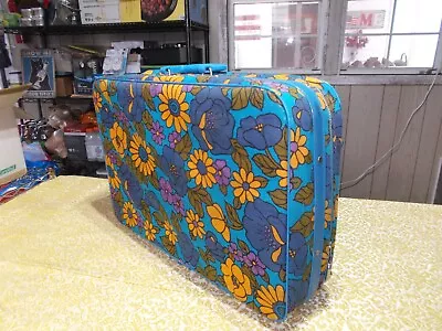 VINTAGE 60s/70s Retro Suitcase Fabric Zippered Luggage Flowers Hippie Boho KEY • $29.99