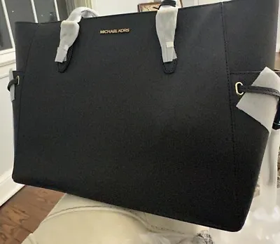 Michael Kors Gilly Large Drawstring Zip Tote Bag Laptop MK Black Leather Gold • $119