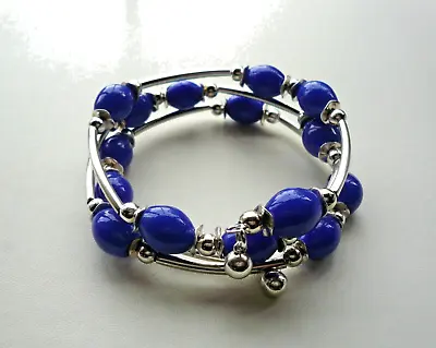 Blue Ceramic Beaded Wrap Around Memory Wire Bracelet KCJ962 • £8.75