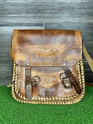 VINTAGE MADE IN MEXICO HAND TOOLED 12 X 12  LEATHER SHOULDER BAG Acupulco • $64